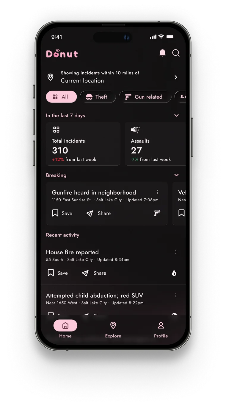 Donut Scanner app showing a live feed of nearby incidents